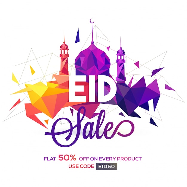  Creative Mosque made by colorful abstract polygonal shapes on white background. Eid Sale poster, banner or flyer design. 