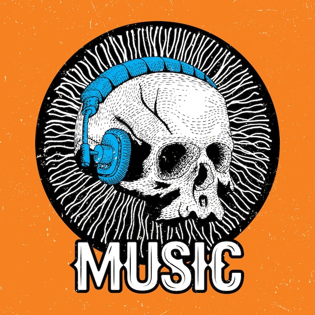 Creative Music Poster with funny skull in headphones on the orange illustration