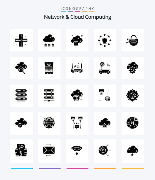 Free Vector creative network and cloud computing 25 glyph solid black icon pack such as passward locked upload lock protection