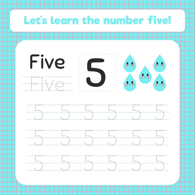 Creative number five worksheet with water drops