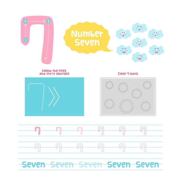 Creative number seven worksheet with clouds