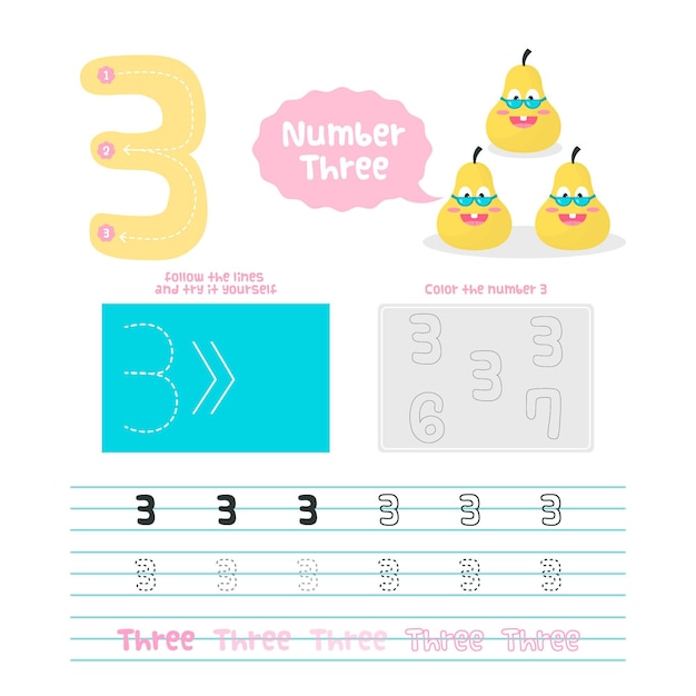 Creative number three worksheet with pears