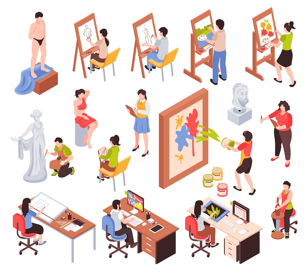 Creative profession isometric set with artists masters of sculpture and pottery graphic designers isolated vector illustration