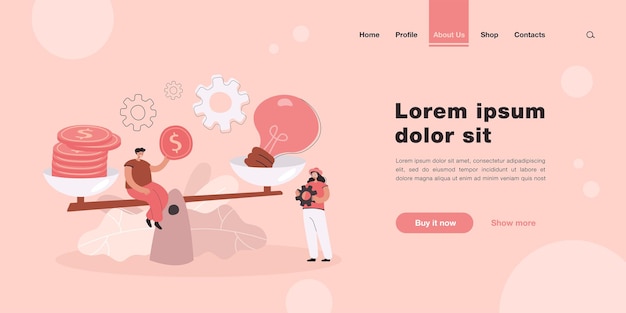 Free Vector creative tiny people giving price for idea with scales landing page template