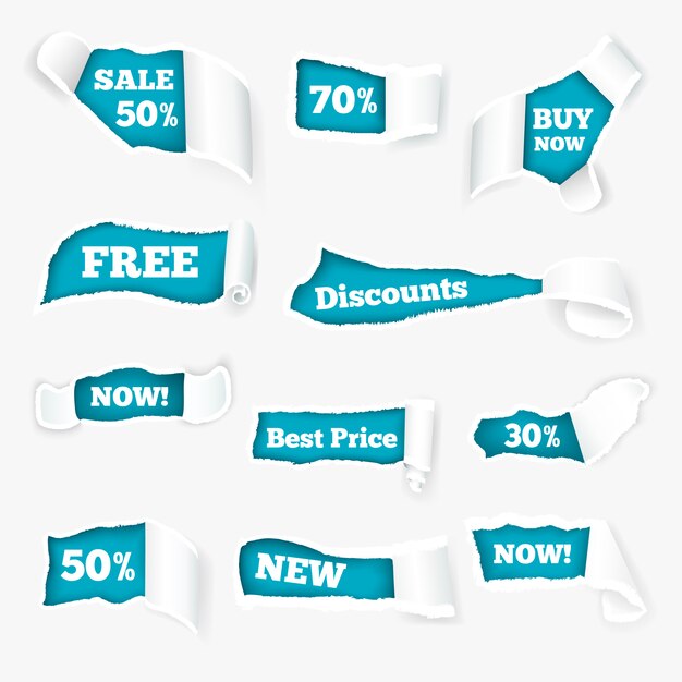 Creative torn paper curls sales advertisement exposing discount prices in holes