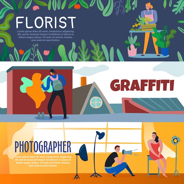 Free Vector creative workers banner with florist street artist and photographer