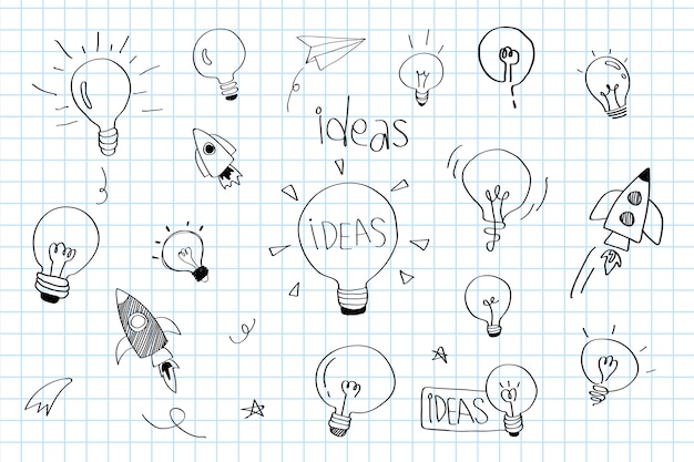 Creativity ideas light bulbs doodle collection vector