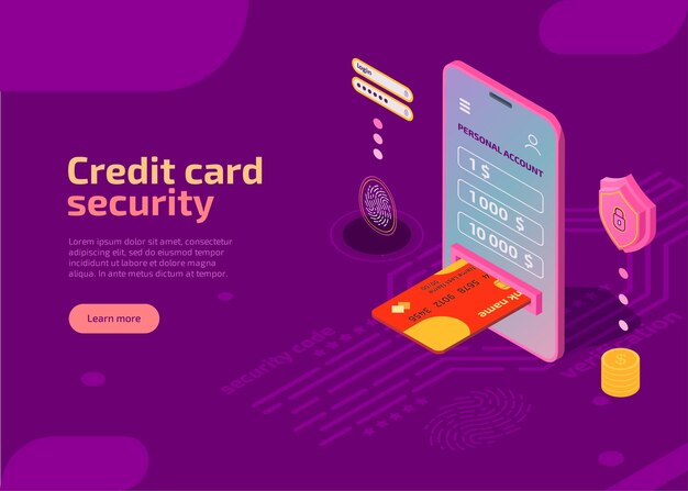 Credit card security isometric illustration protect identity information on smartphone screen