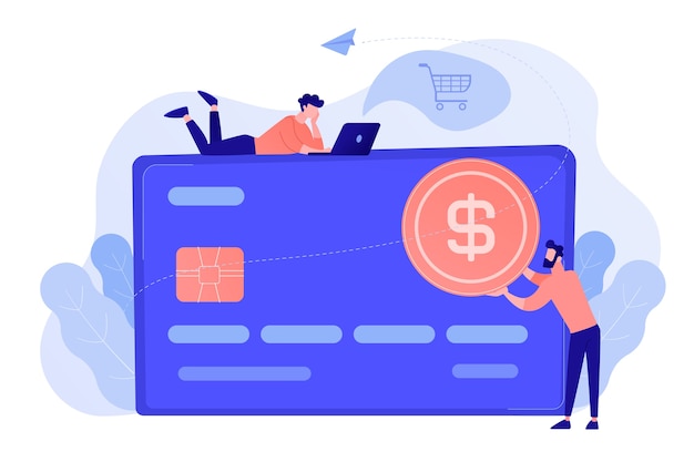 Free vector credit card with dollar coin and users. e-commerce and online shopping, financial operations and plastic card, mobile payment and banking concept. vector isolated illustration.