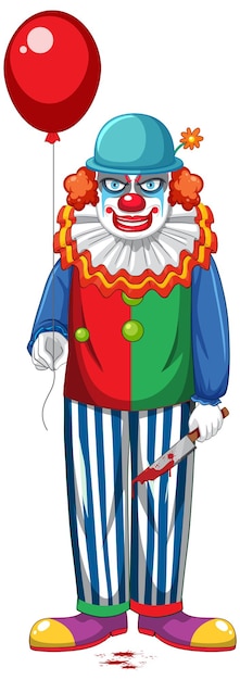 Creepy clown holding balloon on white background