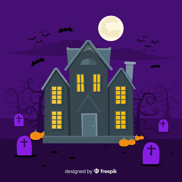 Creepy halloween haunted house with flat design