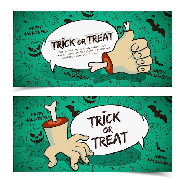 Free Vector creepy halloween horizontal banners with speech cloud zombie arm gestures