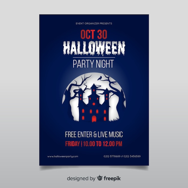 Free Vector creepy halloween party poster template with flat design