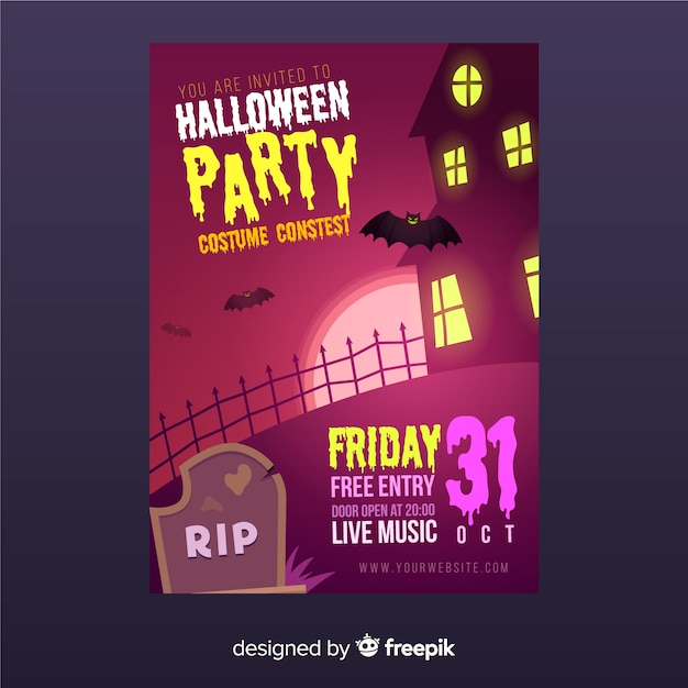 Free Vector creepy halloween party poster template with flat design