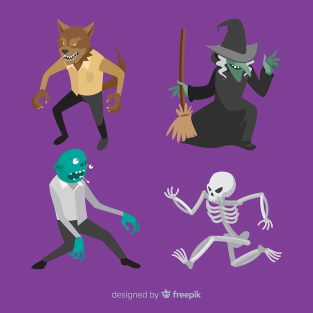 Free Vector creepy set of halloween characters with flat design