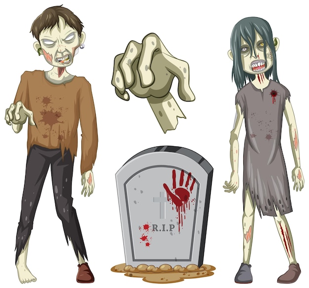 Creepy zombie character and gravestone on white background