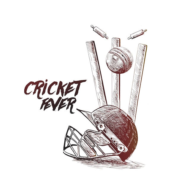 Free Vector cricket championship with ball wicket with helmet in cricket stadium freehand sketch graphic design vector illustration