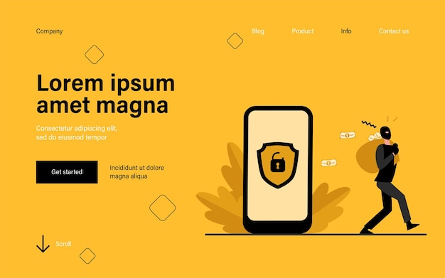 Criminal hacking personal data and stealing money landing page in flat style