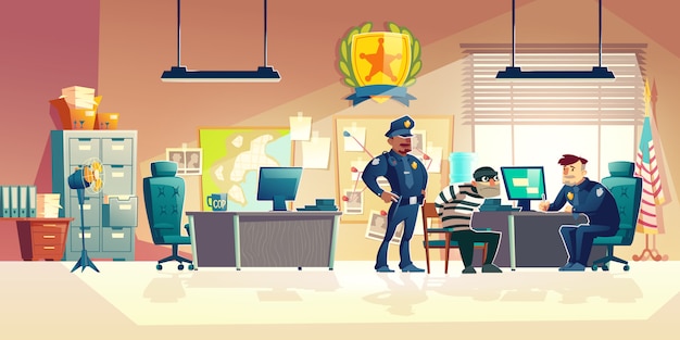 Criminal interrogation in police cartoon illustration