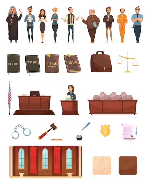 Free Vector criminal justice retro cartoon icons collection with law books jury box judge and courtroom