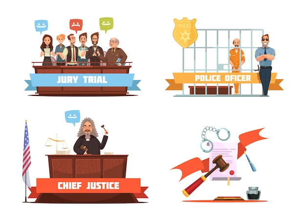 Free Vector criminal trial jury verdict and police officer with suspect 4 retro cartoon icons composition isolat