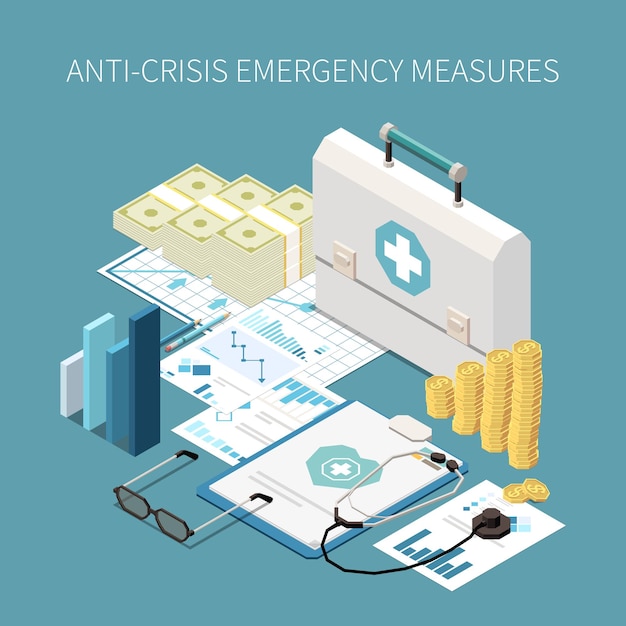 Free vector crisis management isometric concept with financial safe kit for business vector illustration