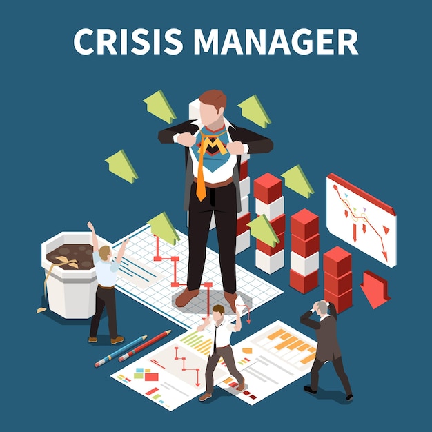 Free Vector crisis manager isometric concept with business professional and money loss symbols vector illustration