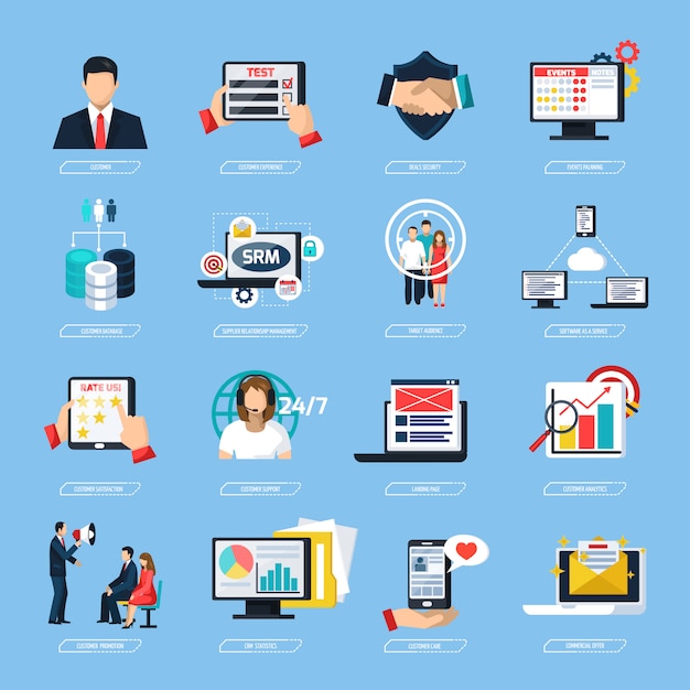 CRM System Flat Icons Set