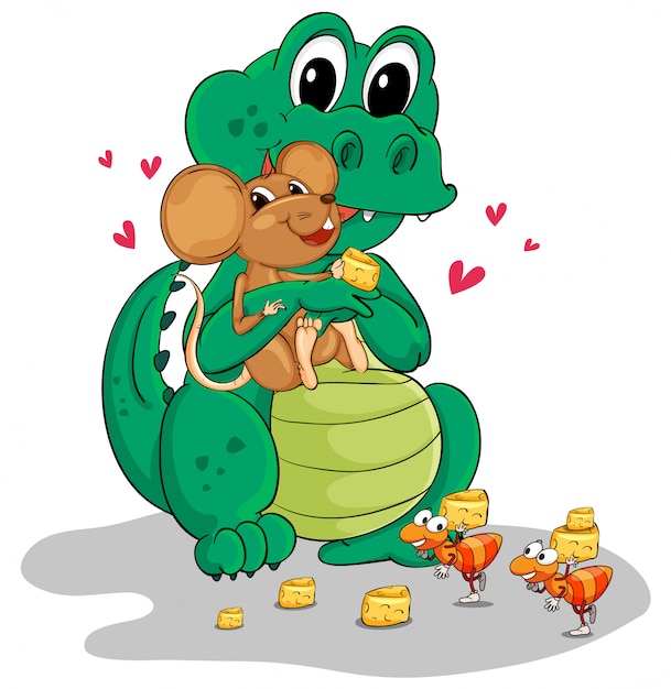 Free vector crocodile and mouse eating cheese