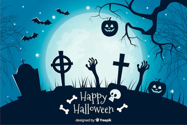 Free Vector crosses in a cemetery flat halloween background