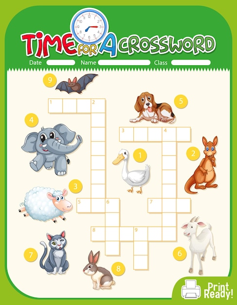 Crossword puzzle game template about animals