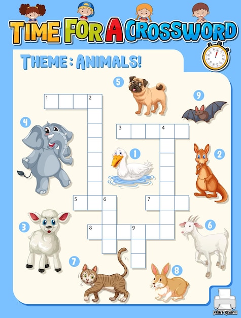 Crossword puzzle game template about animals