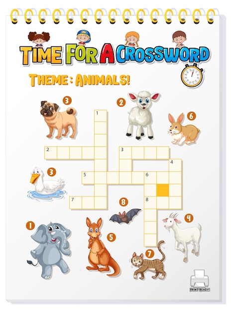 Crossword puzzle game template about animals