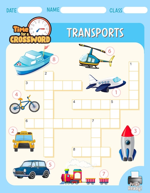 Crossword puzzle game template about transportation