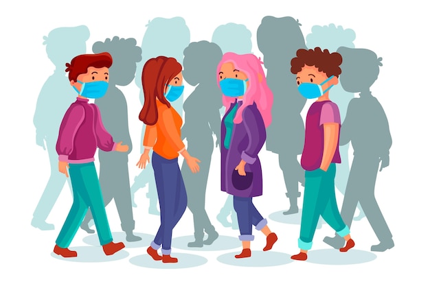 Free vector crowd of people wearing face masks outdoors