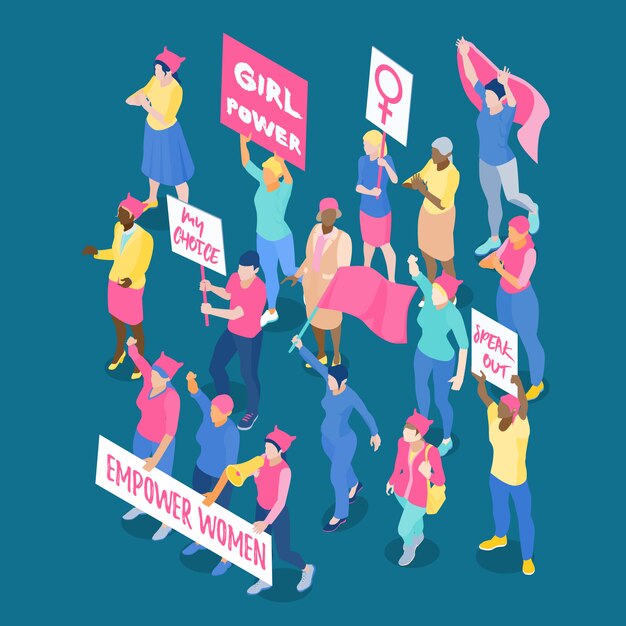 Crowd of protesting women feminists with placards and flags isometric vector illustration