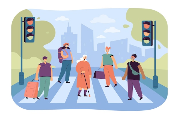 Free Vector crowd of various people crossing avenue road flat illustration