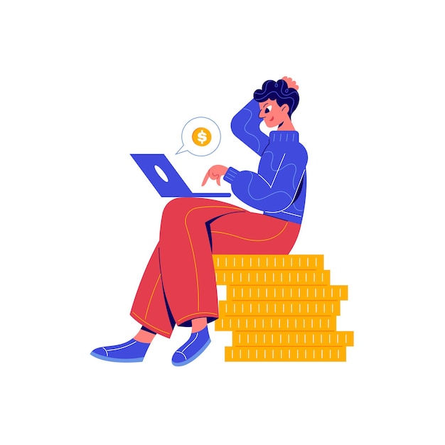 Crowdfunding composition with doodle character sitting on stack of coins with laptop illustration