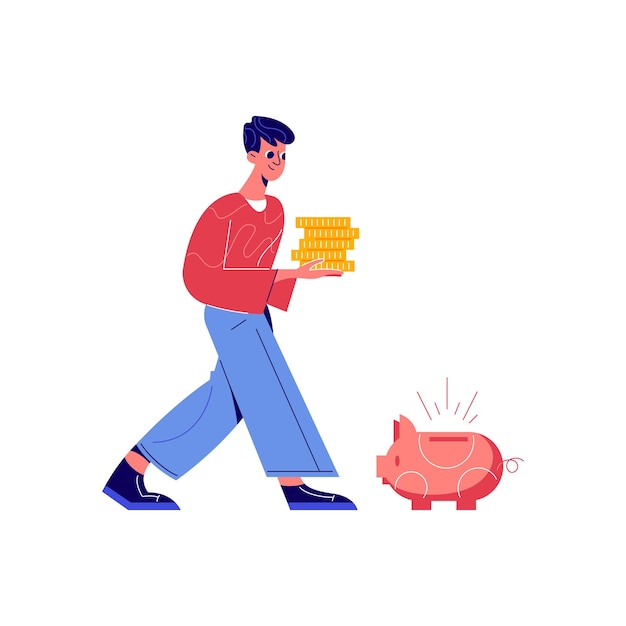 Crowdfunding composition with male character carrying stack of coins with piggy box illustration