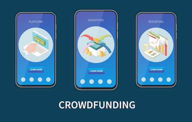 Free Vector crowdfunding isometric set with fundraising mobile app templates isolated vector illustration