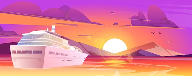 Free Vector cruise ship in sea with mountains at sunset