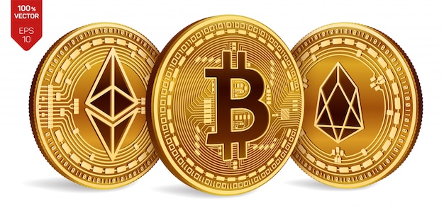 Free Vector cryptocurrency golden coins with bitcoin, eos and ethereum symbol on white background.