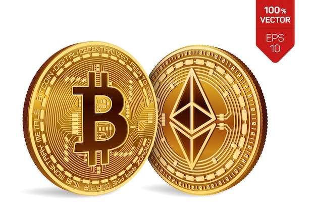 Free Vector cryptocurrency golden coins with bitcoin and ethereum symbol isolated on white background.