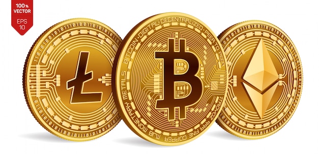 Free Vector cryptocurrency golden coins with bitcoin, litecoin and ethereum symbol on white background.