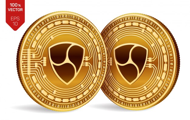 Cryptocurrency golden coins with nem symbol isolated on white background.