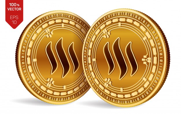 Cryptocurrency golden coins with Steem symbol isolated on white background.