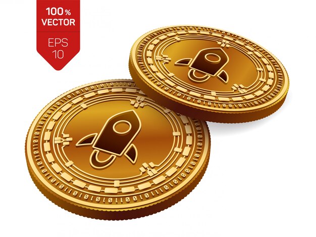 Cryptocurrency golden coins with Stellar symbol isolated on white background.