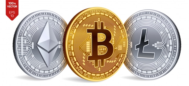 Free Vector cryptocurrency golden and silver coins with bitcoin, litecoin and ethereum symbol on white background.