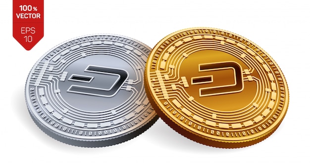 Cryptocurrency golden and silver coins with Dash symbol isolated on white background.