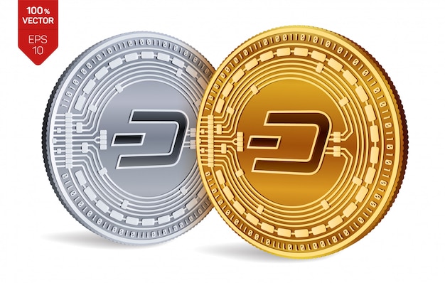 Cryptocurrency golden and silver coins with Dash symbol isolated on white background.